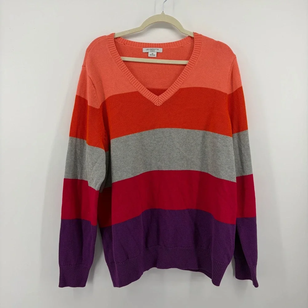 Liz Claiborne Sweater‎ 2X Multicolor Striped V-Neck 100% Cotton Knit Pullover