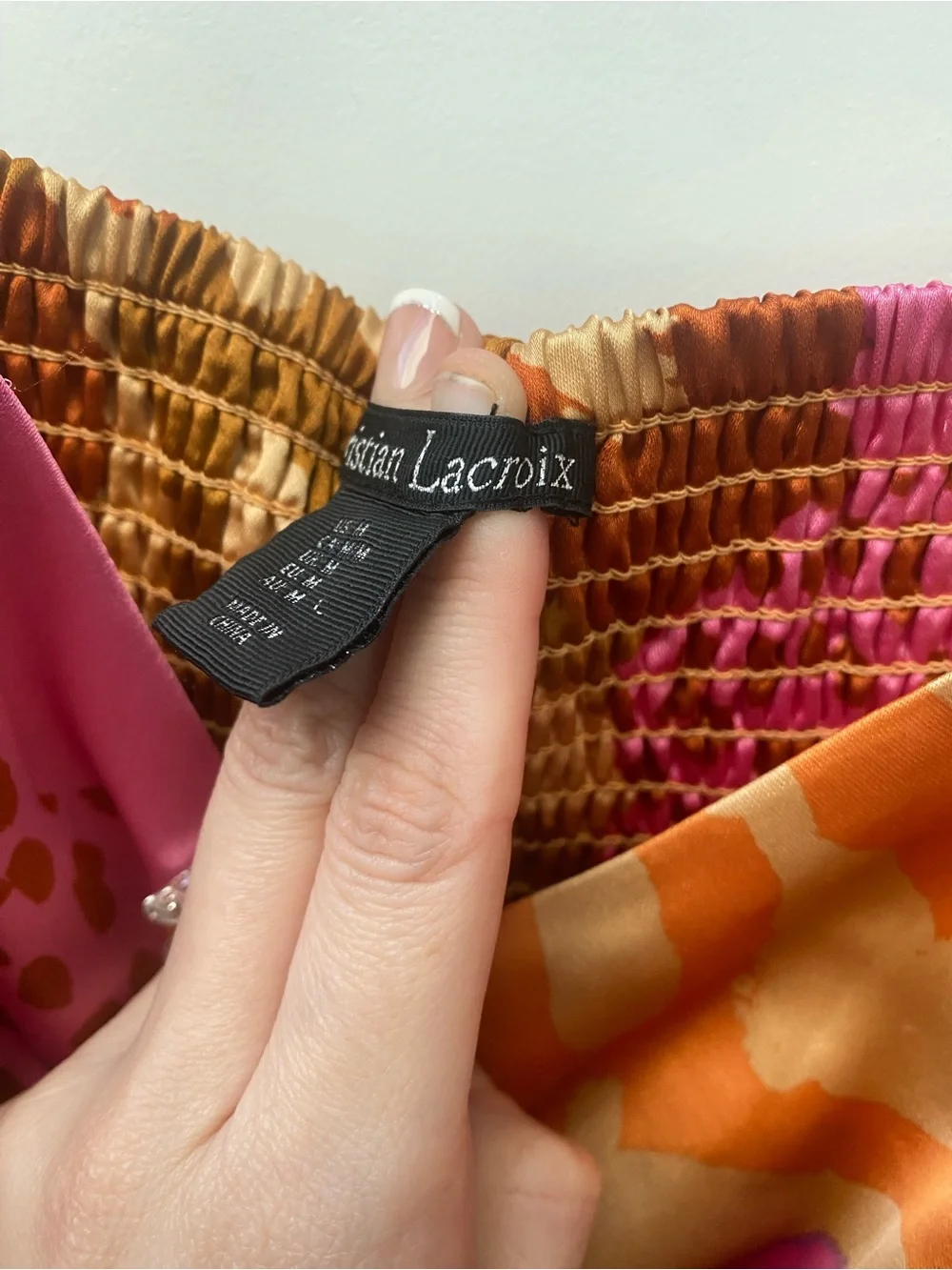 Christian Lacroix designer Satin Wide-Leg Pants in Pink & Orange Abstract Print