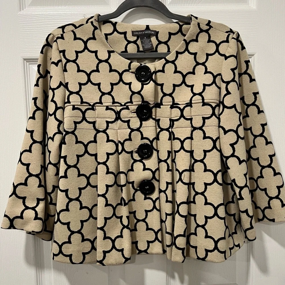 VTGChelsea&Theodore Sz8 Ivory/Blk Floral Print Cropped 3/4 Sleeve Jacket FLAWED