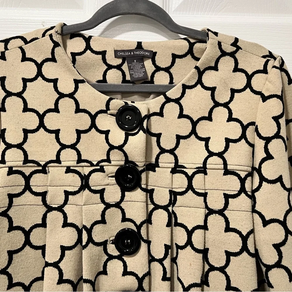 VTGChelsea&Theodore Sz8 Ivory/Blk Floral Print Cropped 3/4 Sleeve Jacket FLAWED