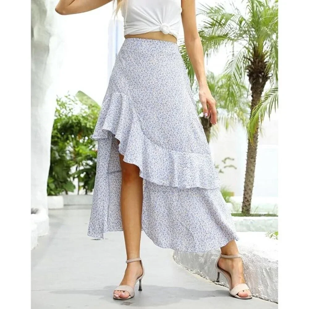 BTFBM Skirt Women XL Blue Floral Print Asymmetric Ruffle Hem Boho Maxi‎ NWT