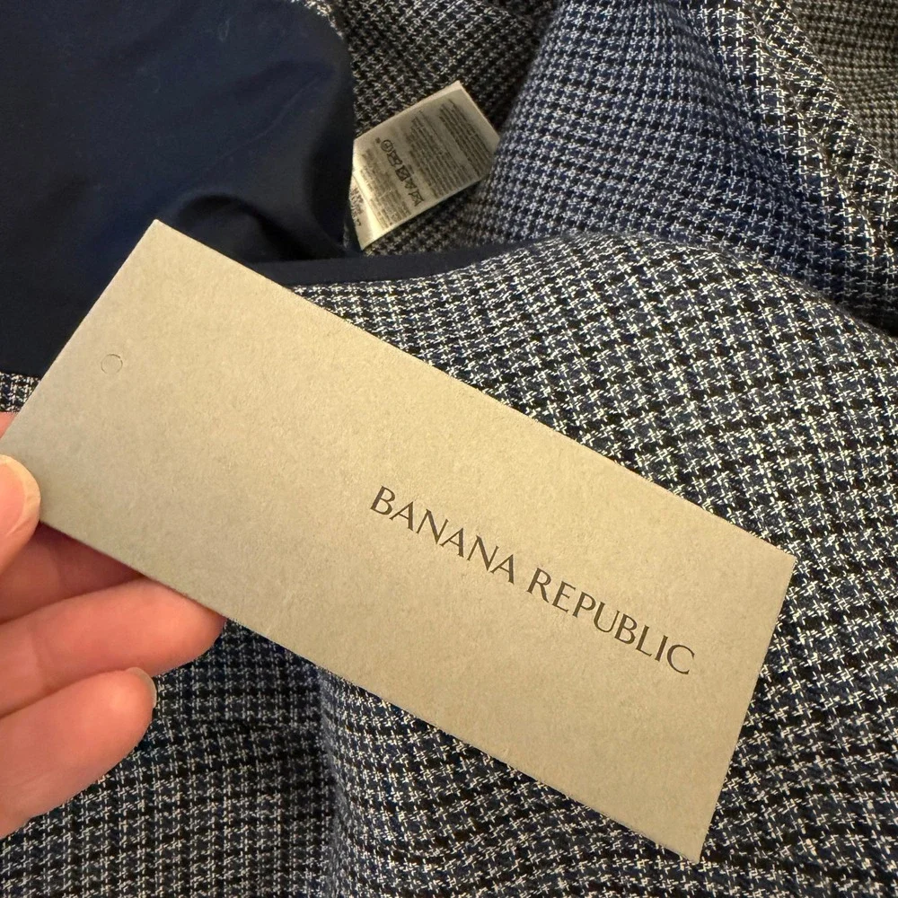 Banana Republic Blazer Mens 44R Blue Houndstooth Linen Blend Sport Coat Tailored