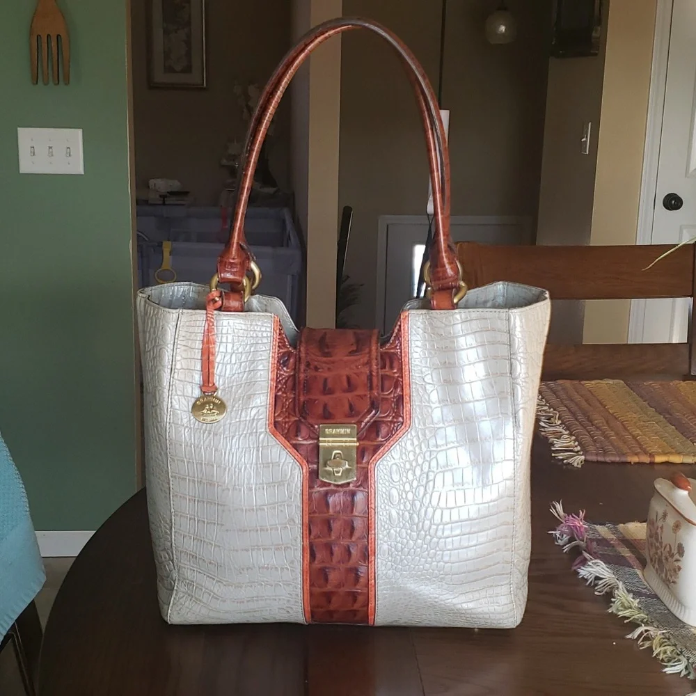 Brahmin Cream Tote with Brown Croc-Embossed Trim