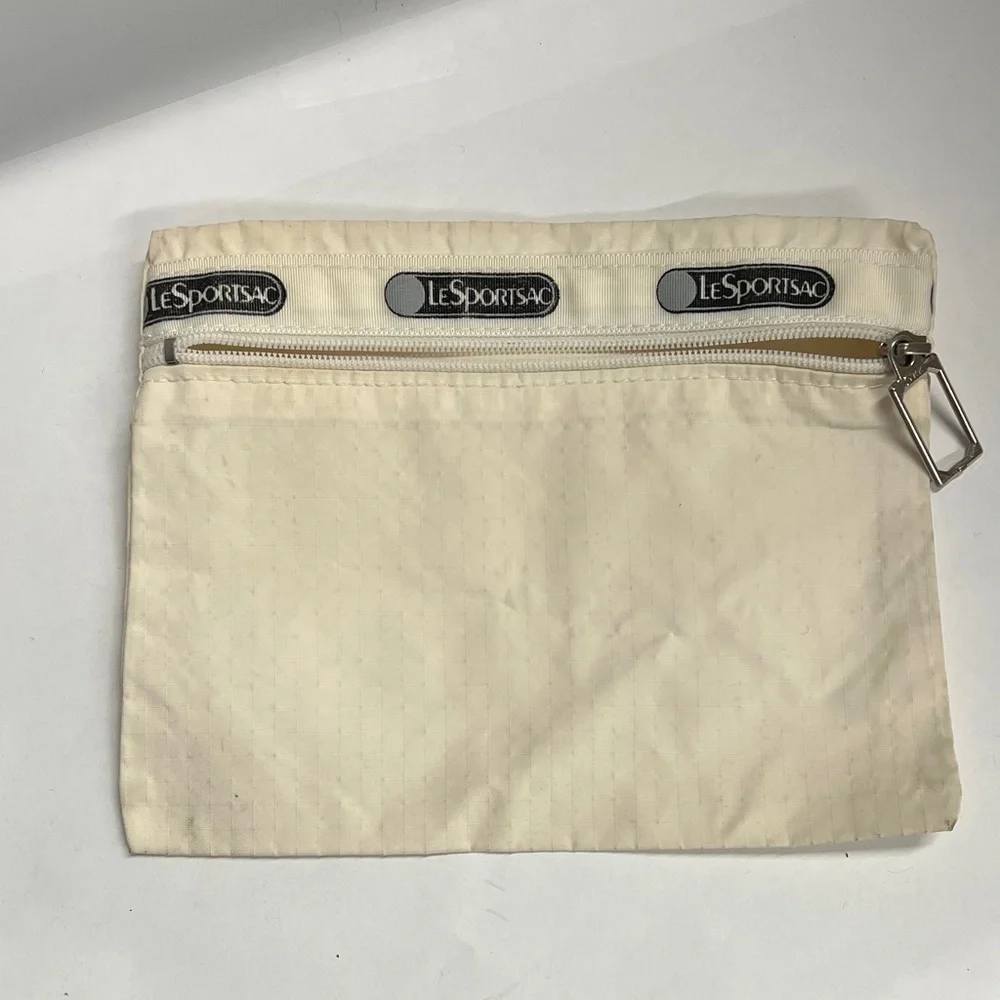 Vintage LeSportsac Bag Tan With White Logo Nylon Made In USA Zipper Pouch