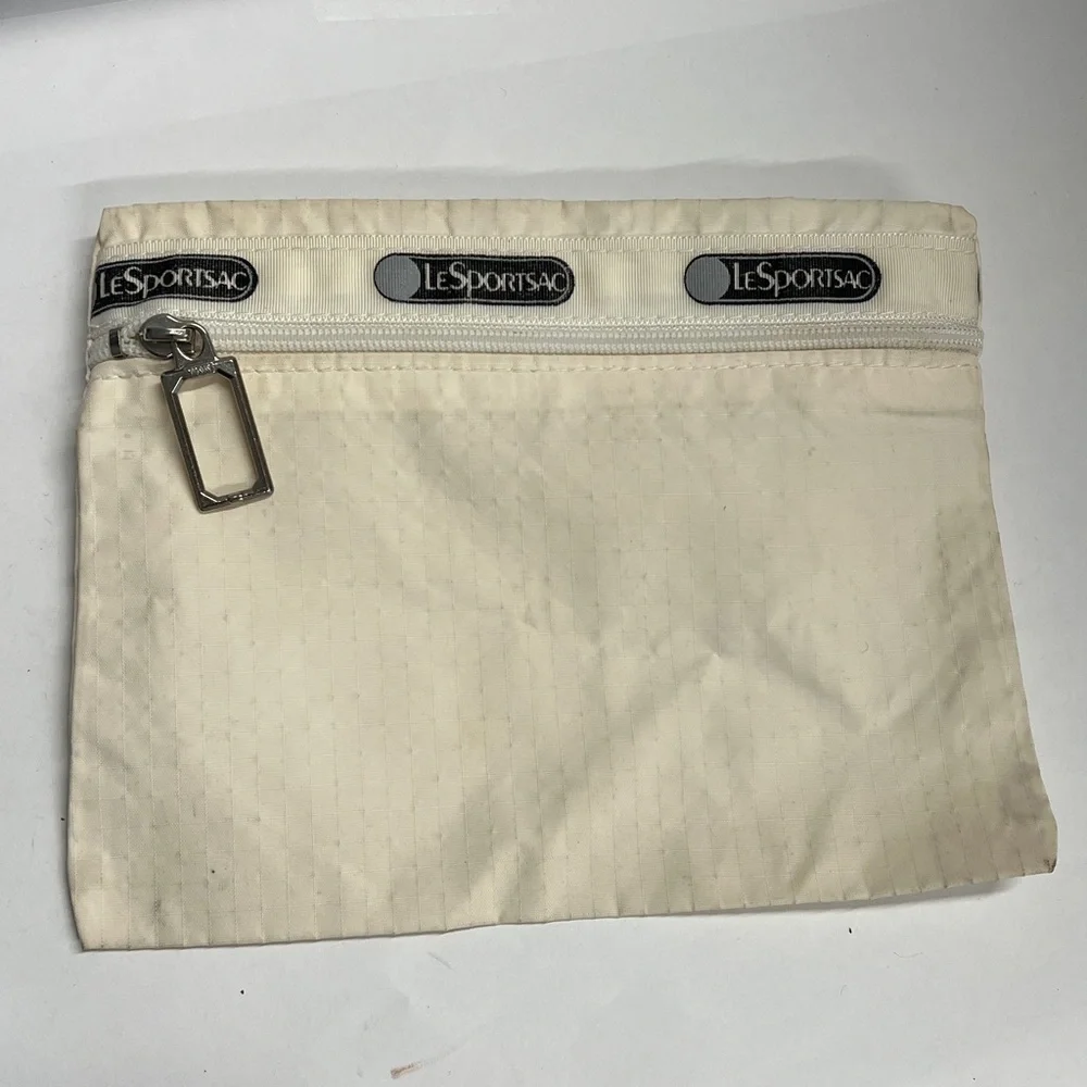 Vintage LeSportsac Bag Tan With White Logo Nylon Made In USA Zipper Pouch