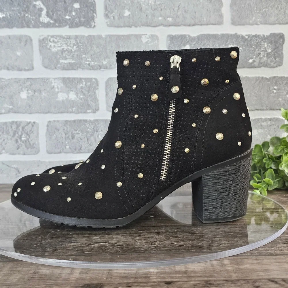 Arizona Jean‎ Co Studded Ankle Boots Block Heel Side Zip Black Women's Size 9.5