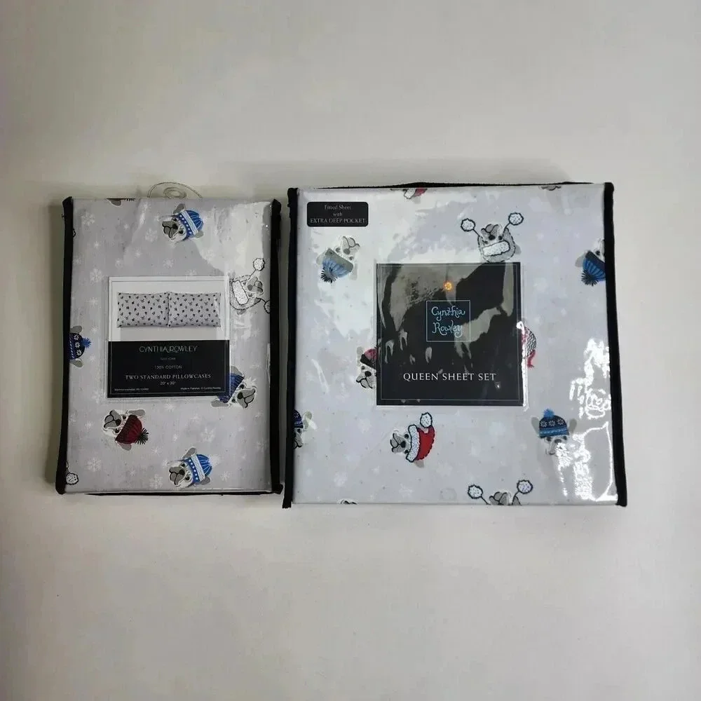 Cynthia Rowley Queen Sheet‎ Set with Two Pillowcases Dogs Hats Winter Snow New
