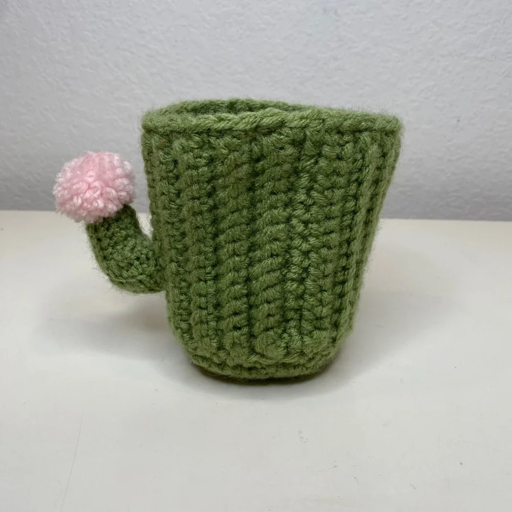 Handmade Crochet Cactus Pencil Holder Green Pink Flower Desk Organizer Basket‎