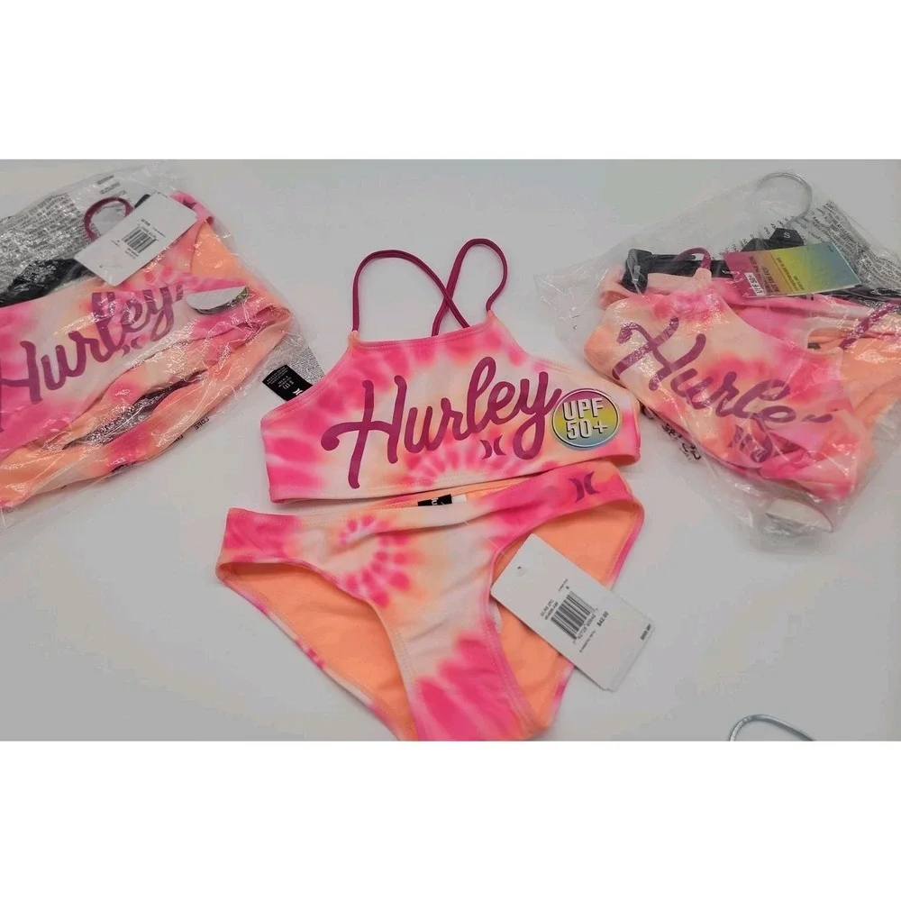 Lot Of 3 Hurley Girls Flounce Bikini 2-Piece Swimsuit Swimwear Hyper Pink New!
