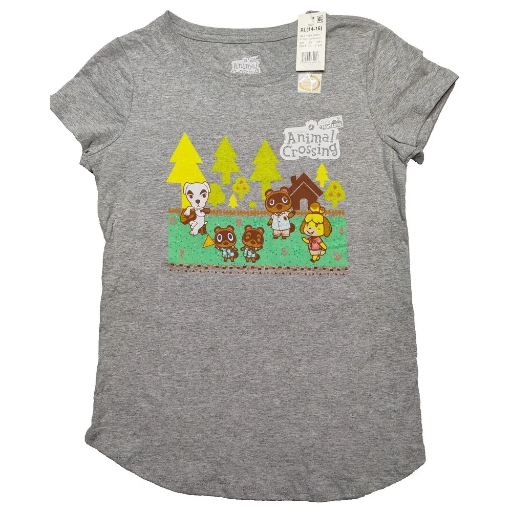 NINTENDO Animal Crossing Girls XL‎ (14-16) Graphic S/S Heather Gray T-Shirt NEW