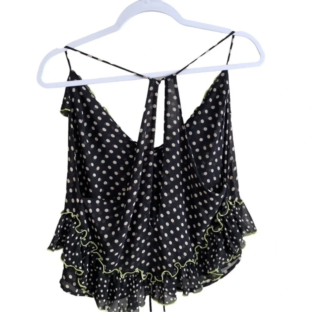FREE PEOPLE WOMEN'S BLACK POLKA DOT DANCE TILL DOWN RUFFLE TOP Size XS