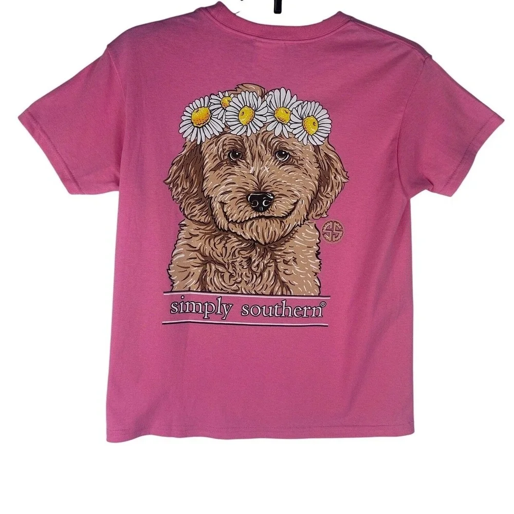 Simply Southern Youth Small Pink Goldendoodle Daisy Graphic T-Shirt NWT DSG Y SS
