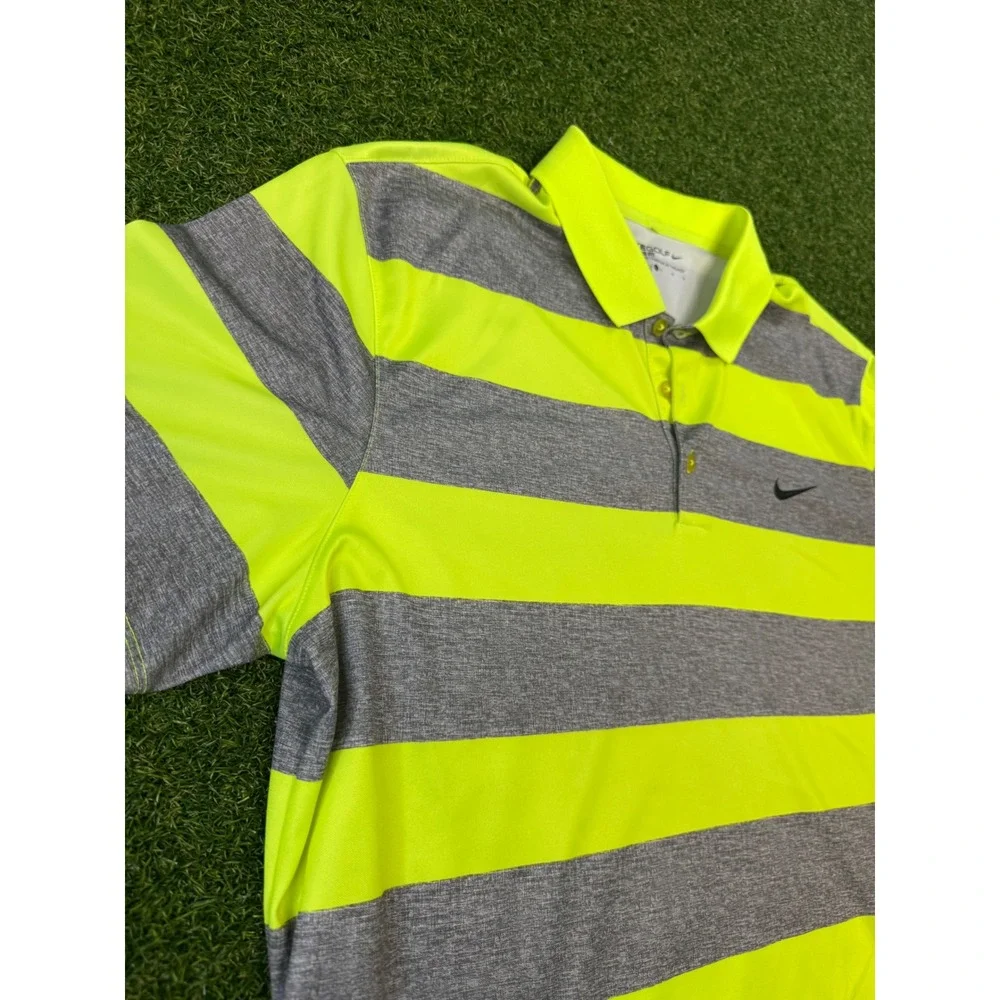 Nike Golf Mens‎ Dri-FIT Striped Polo Shirt Neon Yellow Grey Large Standard Fit