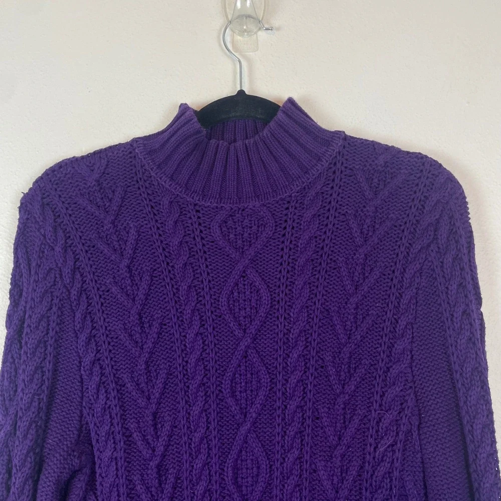 Chaps Purple Cable Knit Mock Neck Long Sleeve Cotton Sweater Women's M‎