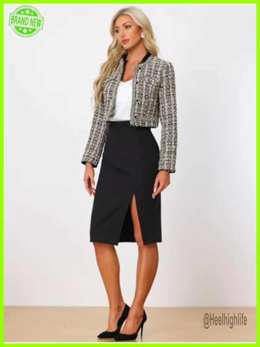 Tweed Plaid Crop Blazer Collarless Open Front Sequins Christmas Vintage