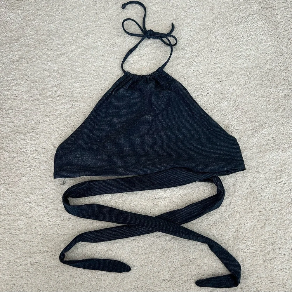 L*SPACE Denim Look Halter Bikini Top