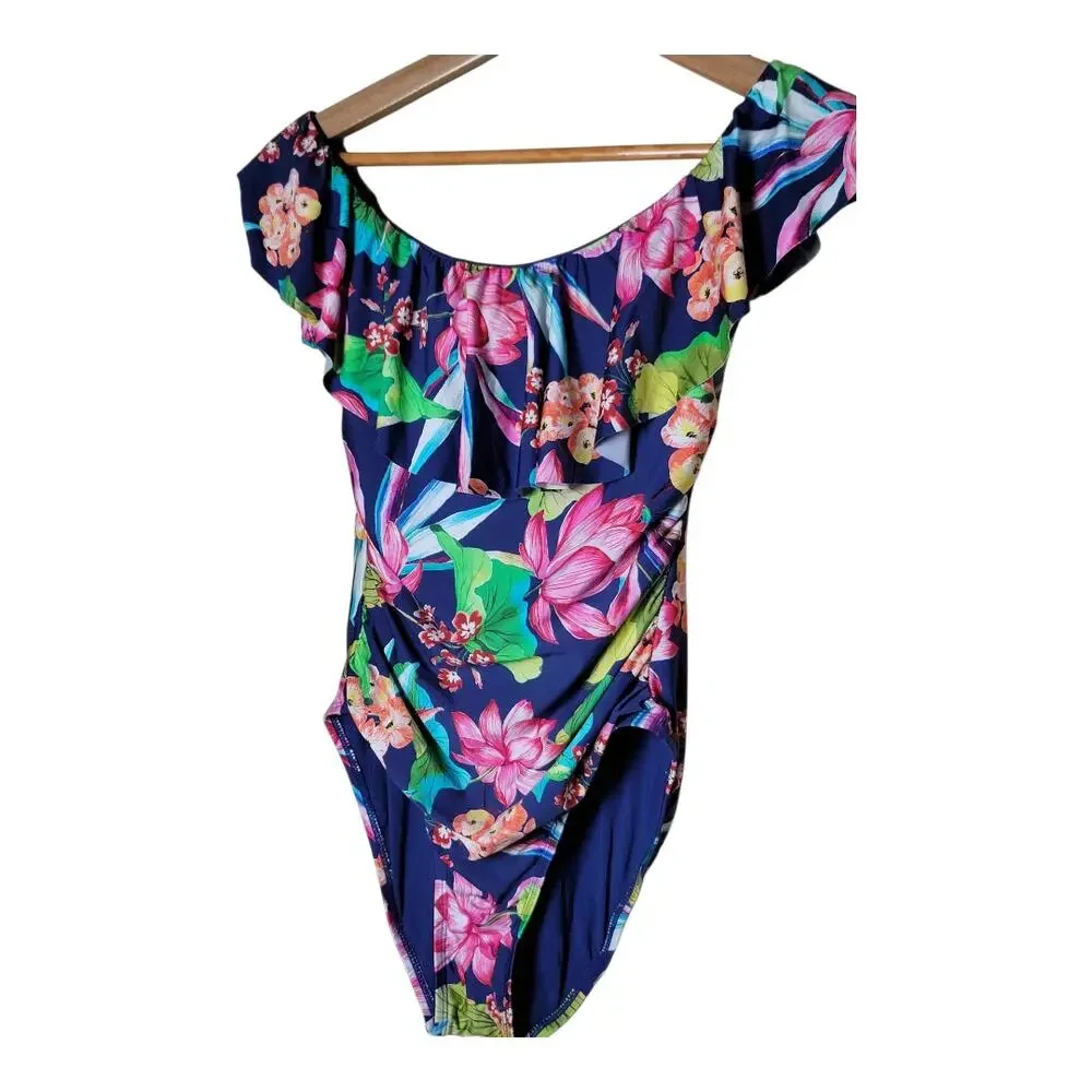 La‎ Blanca Off Shoulder Ruffle One Piece Swimsuit Floral Women's Size 6 US
