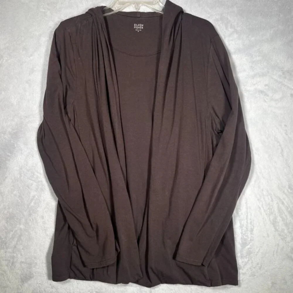 Eileen Fisher Cardigan Womens M Brown Hooded Open Front‎ Sweater Pockets Comfy