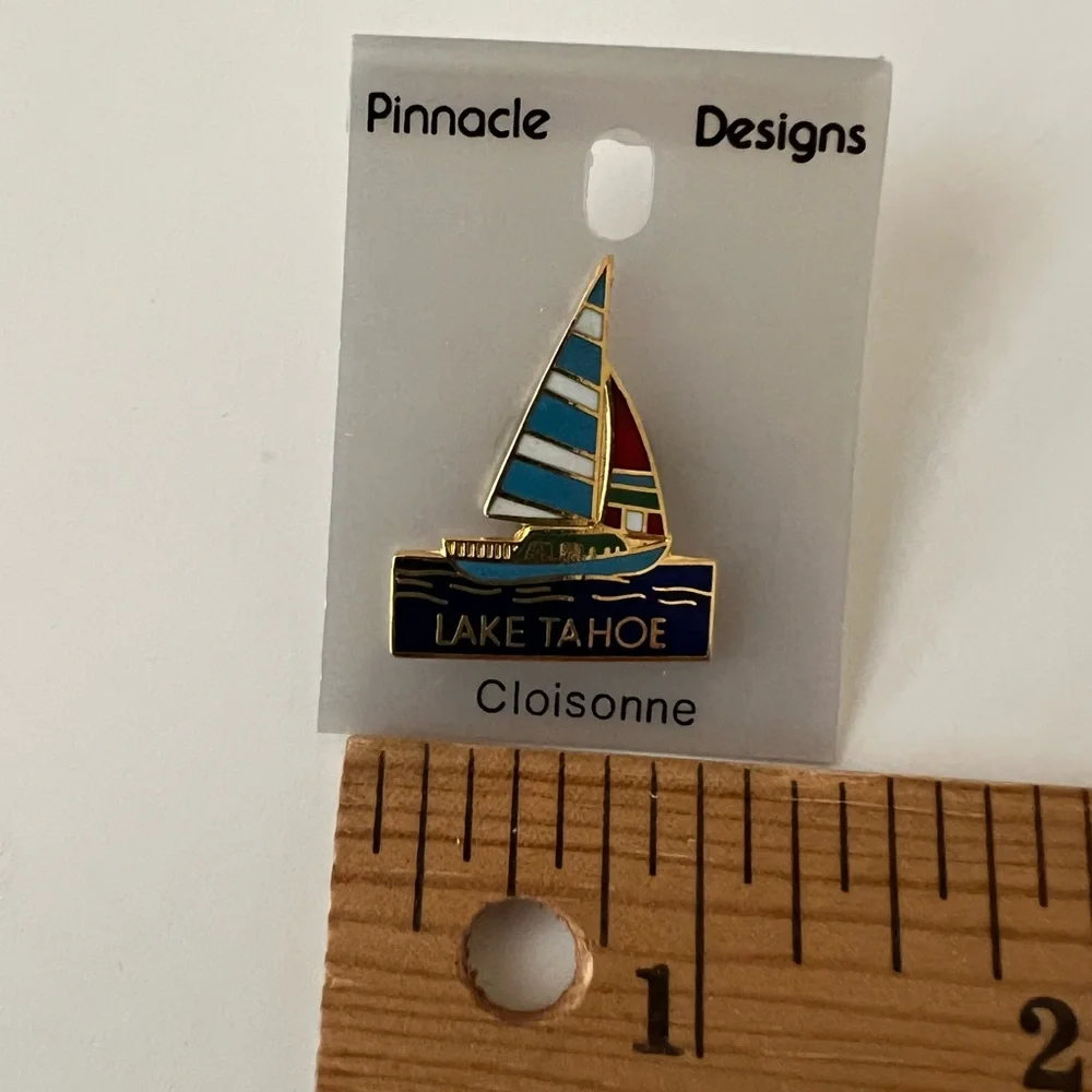 Lake Tahoe Cloissone Boat Pin Souvenir Blue Red