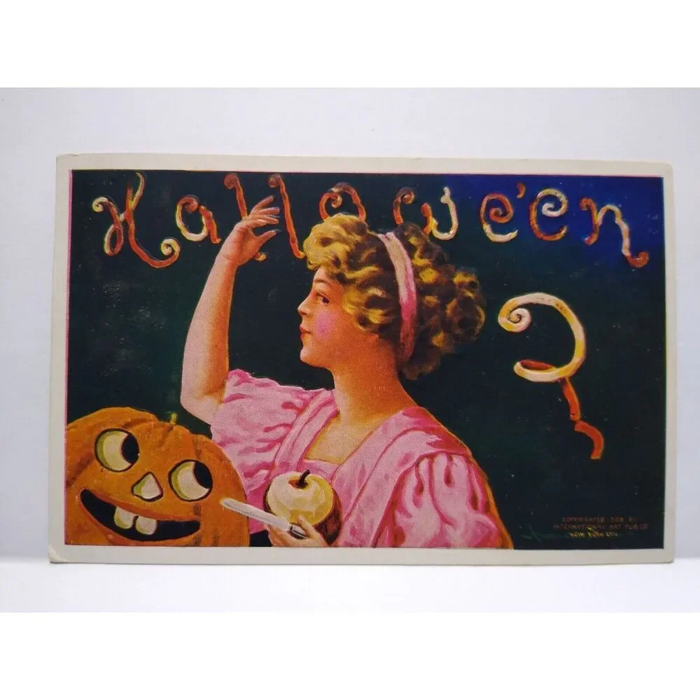 Halloween Postcard Fantasy Goblin Pumpkin Comes Alive Apple Peels Bernhard Wall