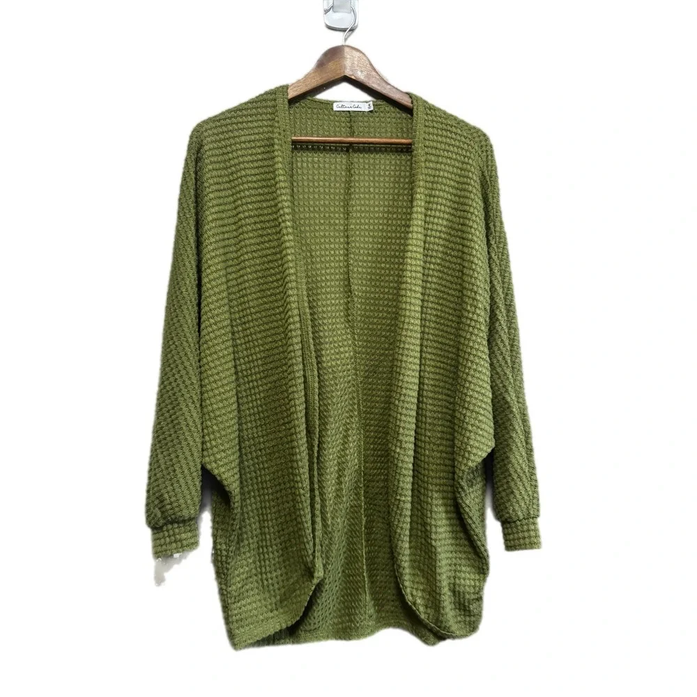 Culture Code Cardigan Women Medium Green Excellent Waffle Knit Batwing CHT11804L