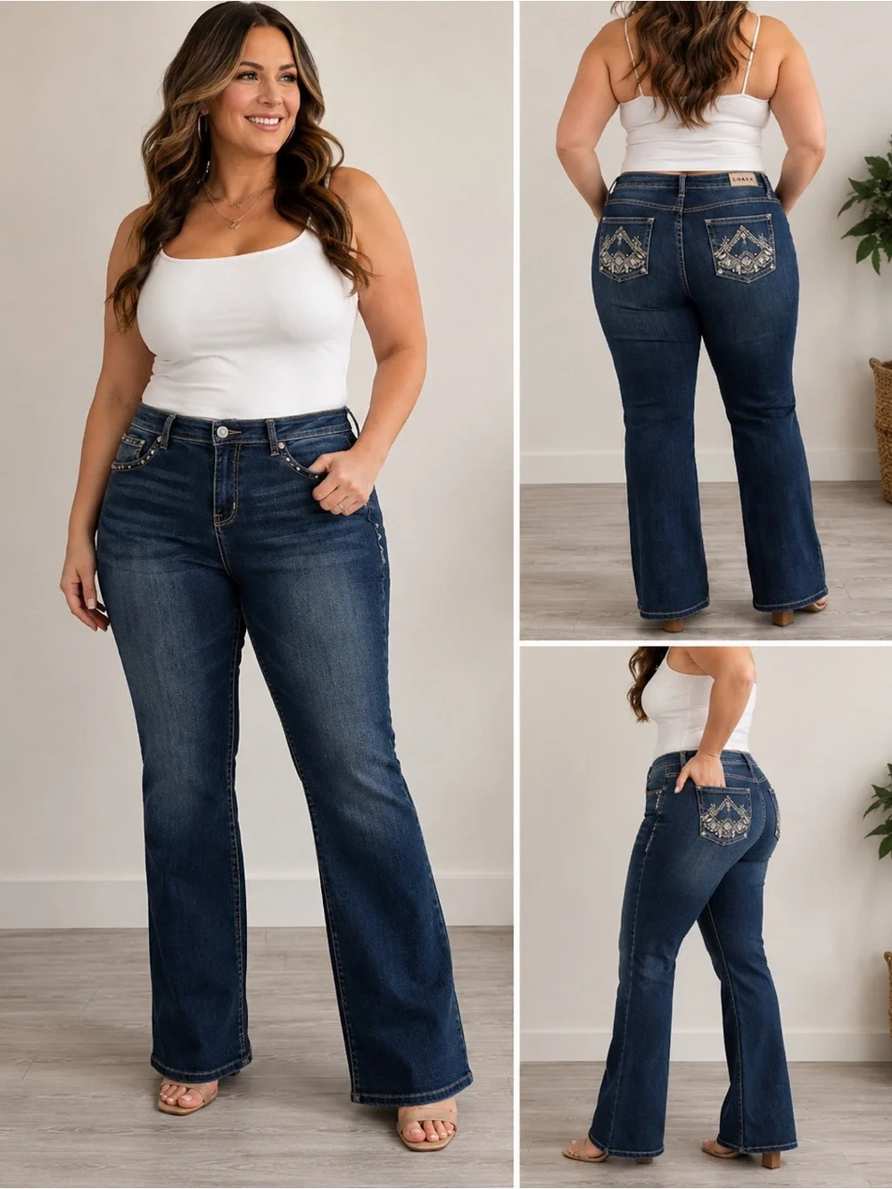 Embroidered Back Pocket Dark Blue Flare Jeans