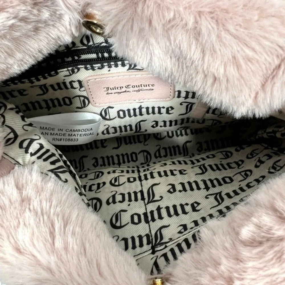 Juicy Couture Fluffy Mini Tote Bag Purse Handbag Blush Pink Bling Heart Spellout