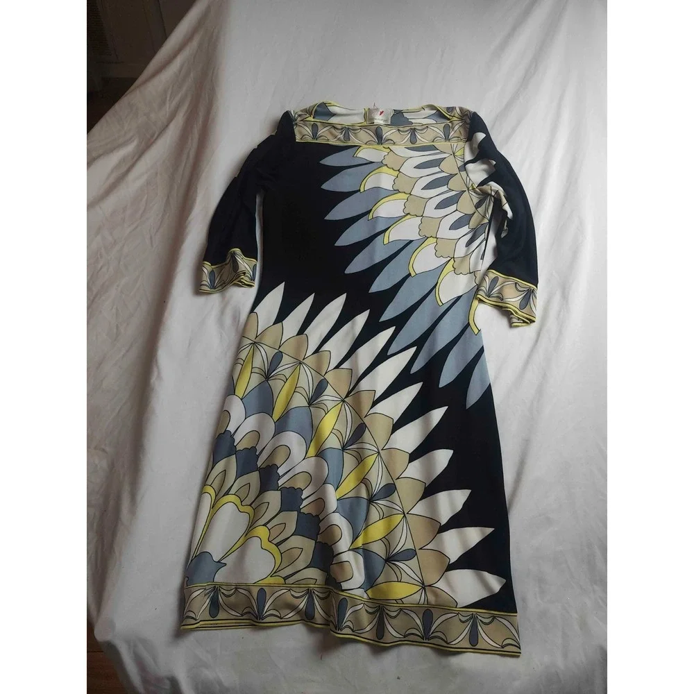 Donna Morgan Dress Womens Size‎ 4 Multicolor Peacock Print Shift Boat Neck Midi