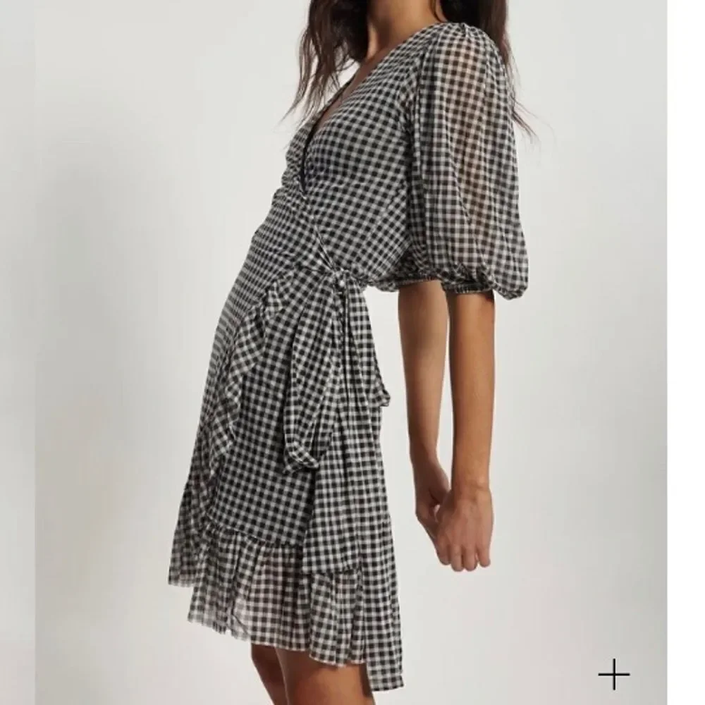 Ganni Gingham Mini Black White Dress Checkered Ruffled Size 4