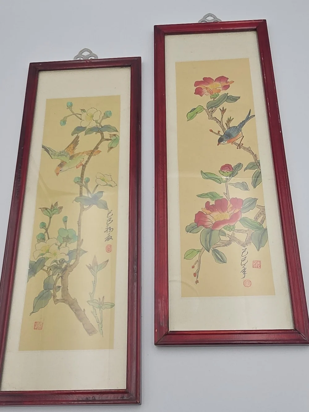 Vintage 80's Asian Pair of Red Framed Silk Botanical & Bird Wall Art Prints