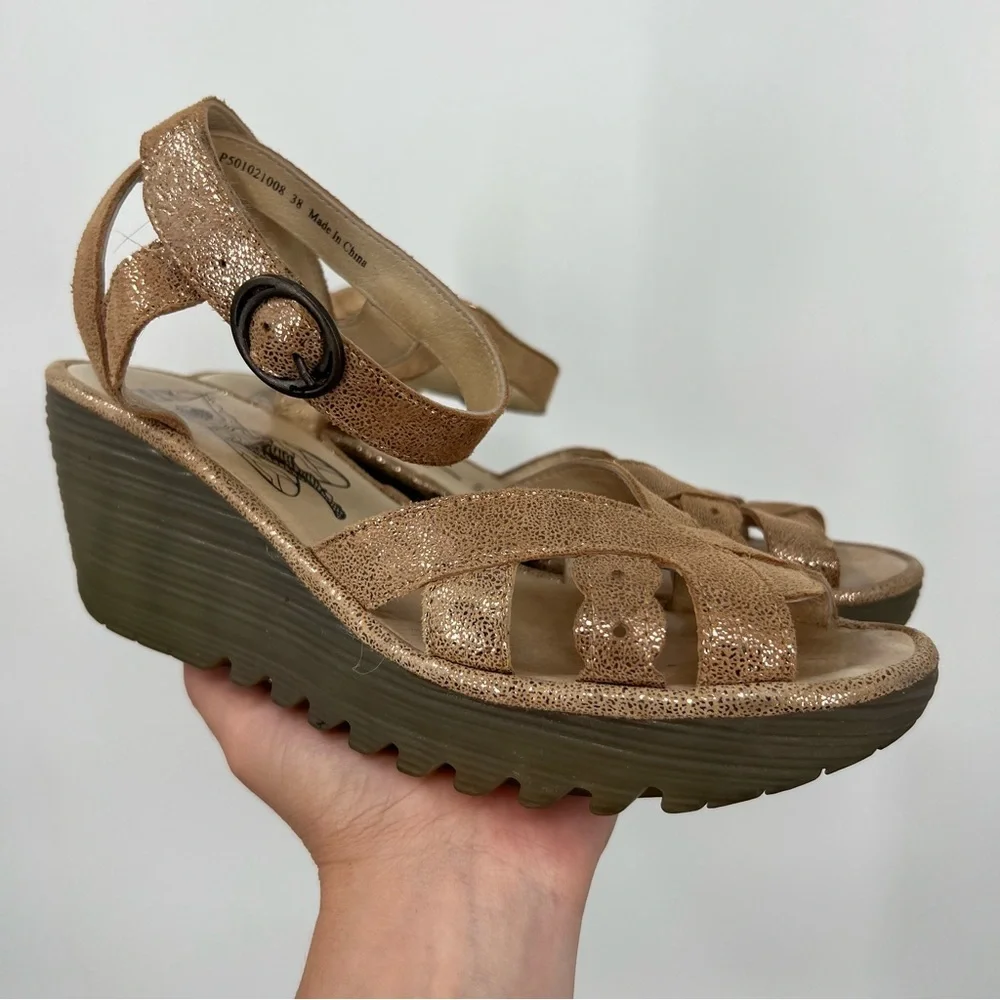 Fly London Women's Metallic Tan Wedge Sandals