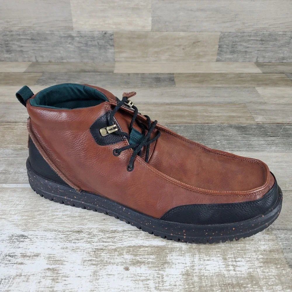 Hey Dude Bradley Mens Chukka Boots Sz 14 M Brown Black Leather Lace Up Mid‎ Top
