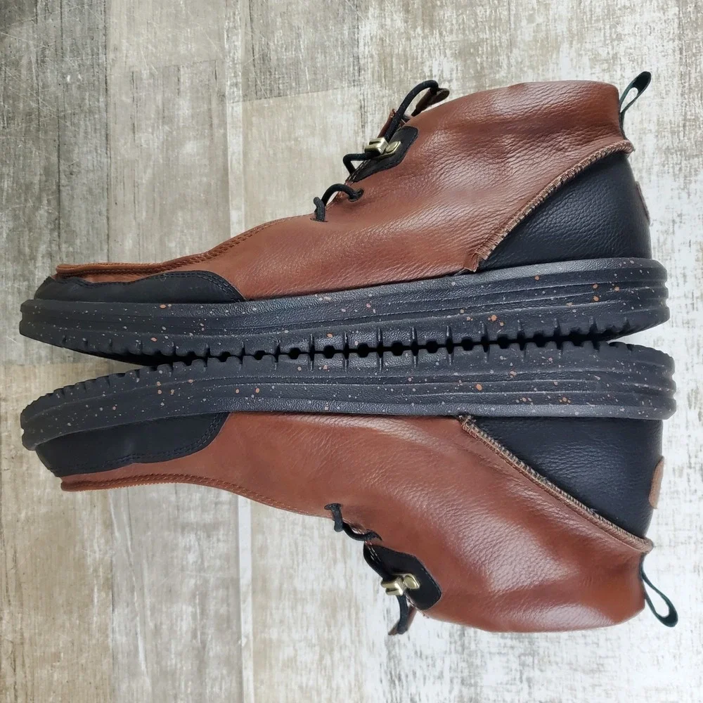 Hey Dude Bradley Mens Chukka Boots Sz 14 M Brown Black Leather Lace Up Mid‎ Top