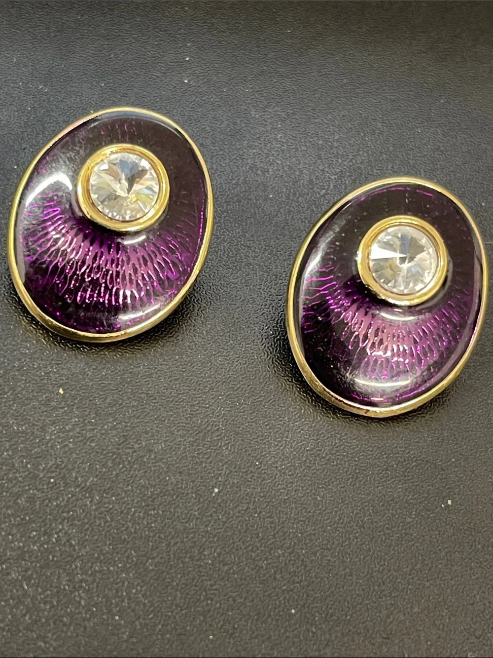 Purple Enamel Oval Stud Earrings with Crystal Accent