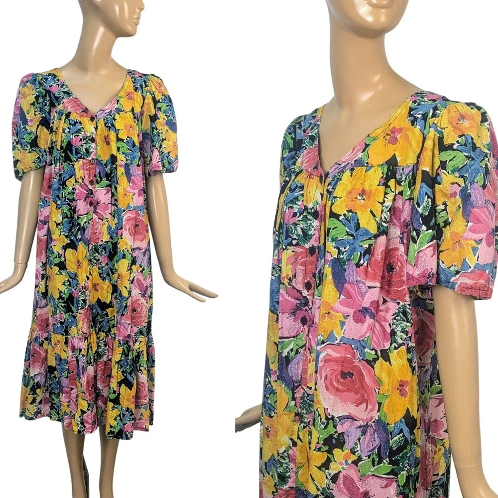Vintage Star of India 70s Bright Multicolor Floral Cotton Dress Puff‎ Sleeve Sml