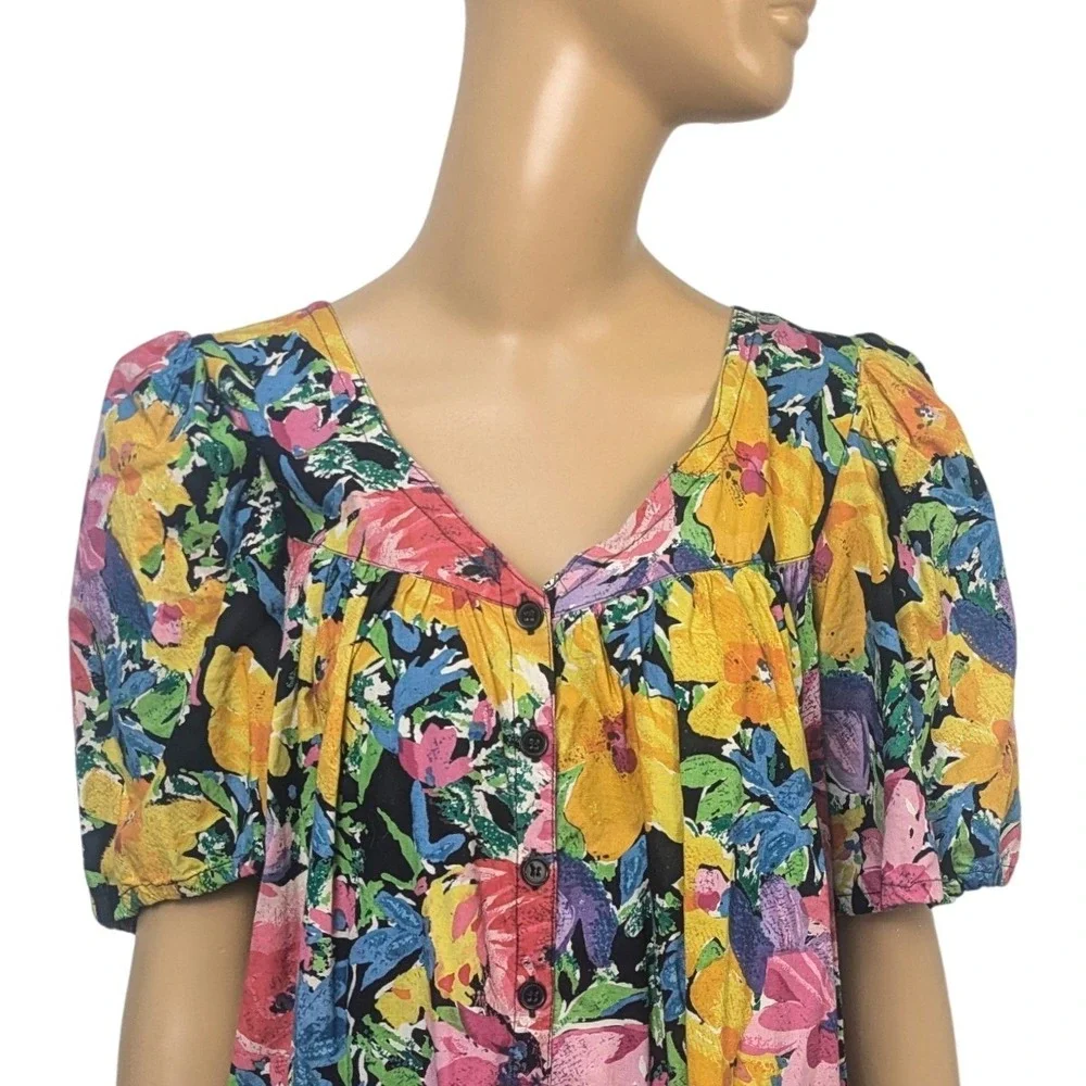 Vintage Star of India 70s Bright Multicolor Floral Cotton Dress Puff‎ Sleeve Sml