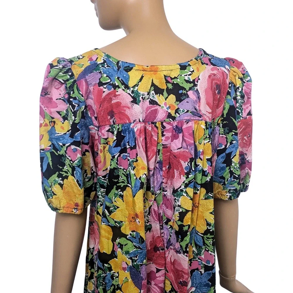 Vintage Star of India 70s Bright Multicolor Floral Cotton Dress Puff‎ Sleeve Sml