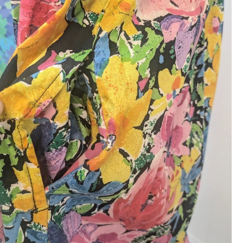 Vintage Star of India 70s Bright Multicolor Floral Cotton Dress Puff‎ Sleeve Sml