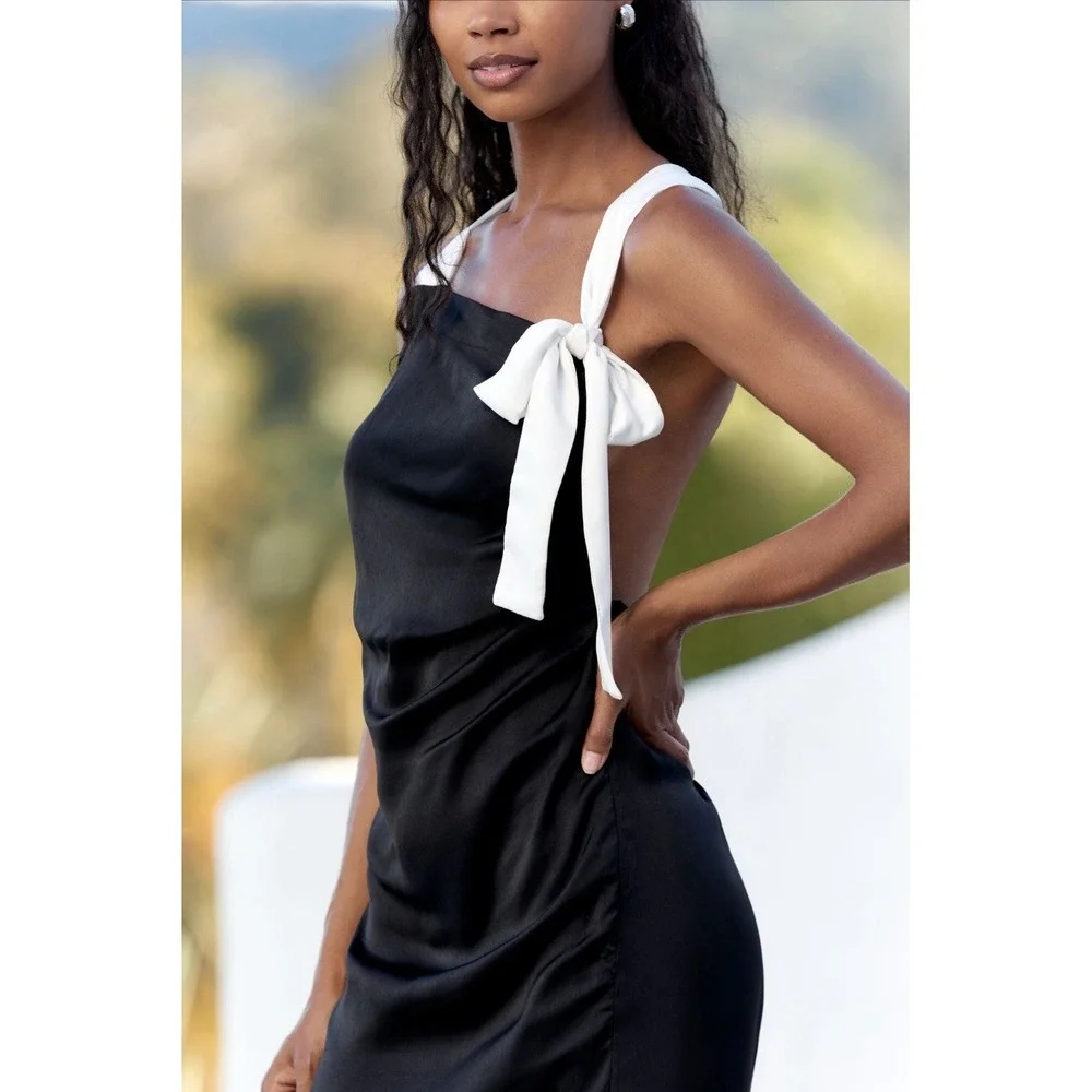 NWT Anthropologie Celandine Halter Midi Dress LARGE‎ Black Onix Satin Bow T Back