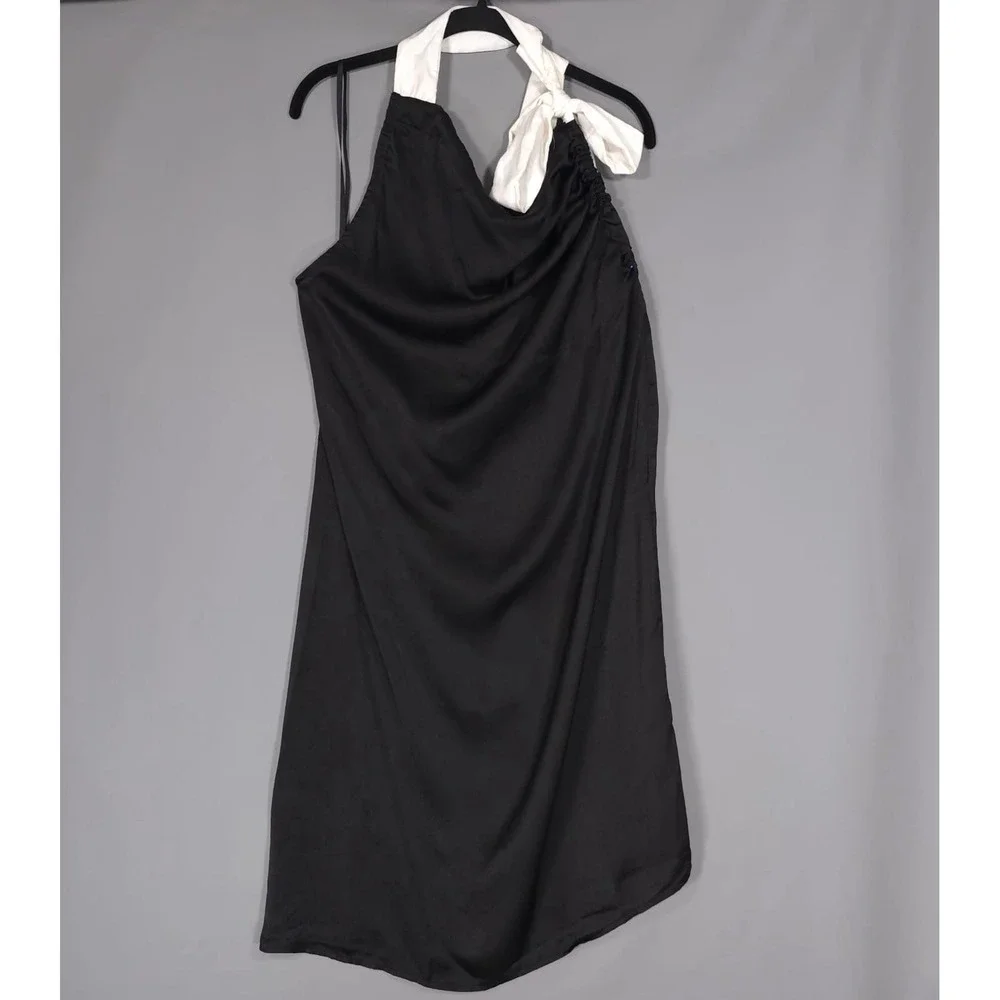 NWT Anthropologie Celandine Halter Midi Dress LARGE‎ Black Onix Satin Bow T Back