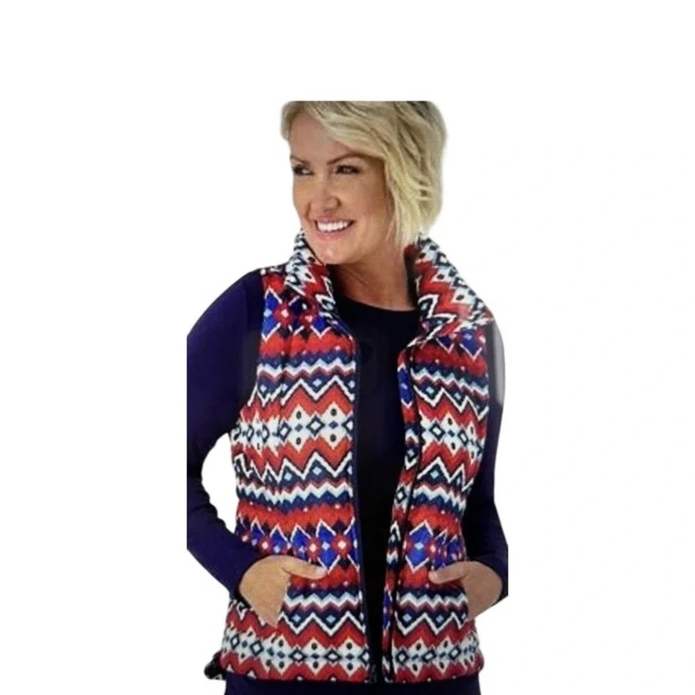 Lands' End Puffer Vest Women 1X Red Blue NWT 600 Fill‎ Power Down Fair Isle