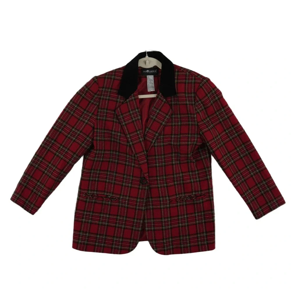 Vintage Sag Harbor Red Plaid Blazer Women's Size 8P Wool Blend Velvet Collar
