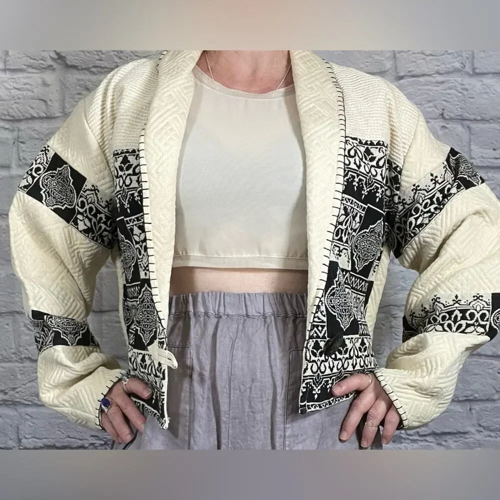 Vintage Y2K Boho Black and Cream Patterned Jacket