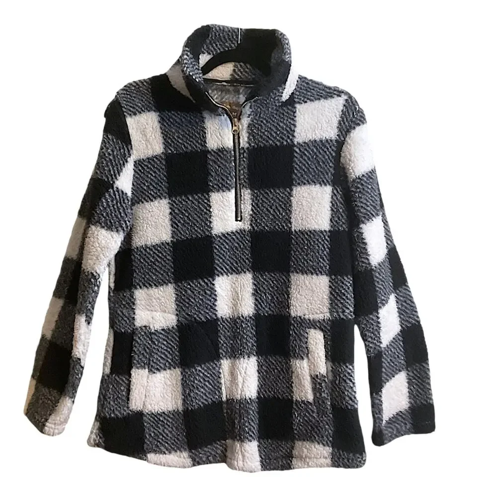 Victory Outfitters 1/4 Zip Black White Buffalo Plaid Fleece Pullover Top Size‎ M