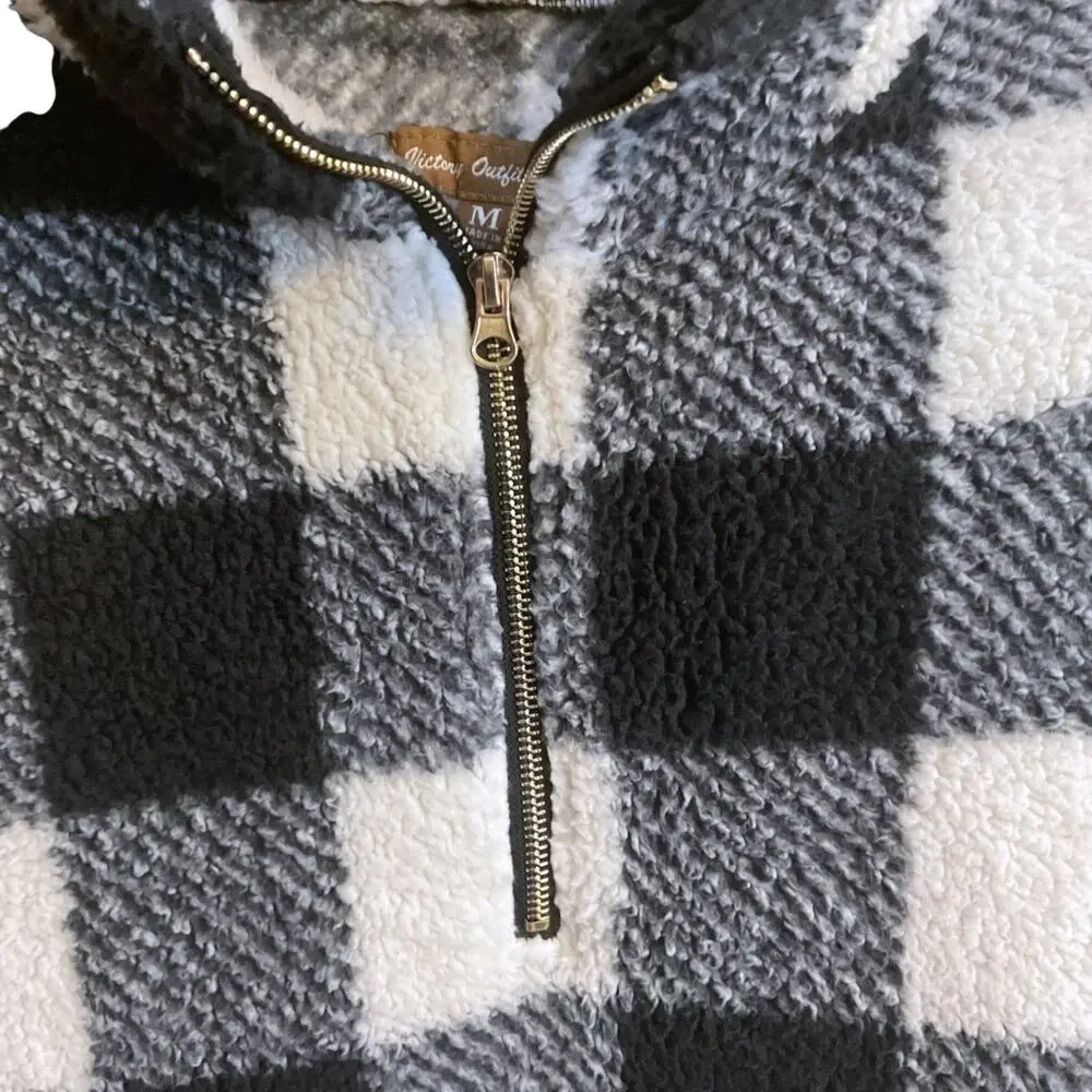 Victory Outfitters 1/4 Zip Black White Buffalo Plaid Fleece Pullover Top Size‎ M