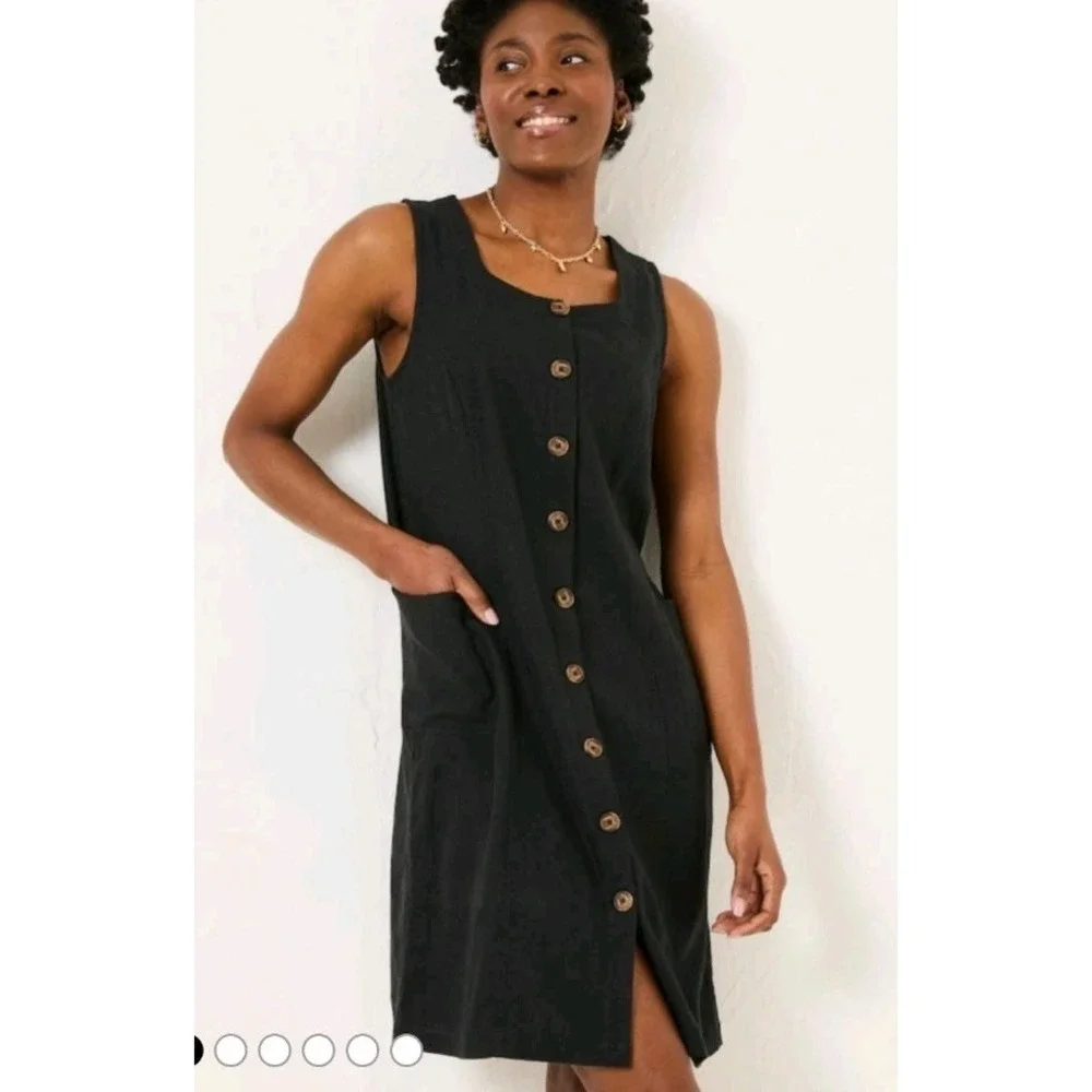 FatFace Binny Black Button Linen Dress Cottagecore L Quiet Luxury‎