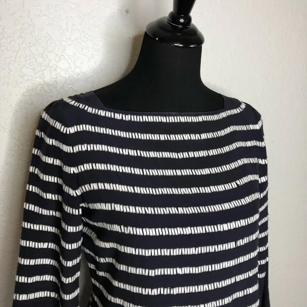 Tory Burch navy blue white rectangle sequin silk top size 4