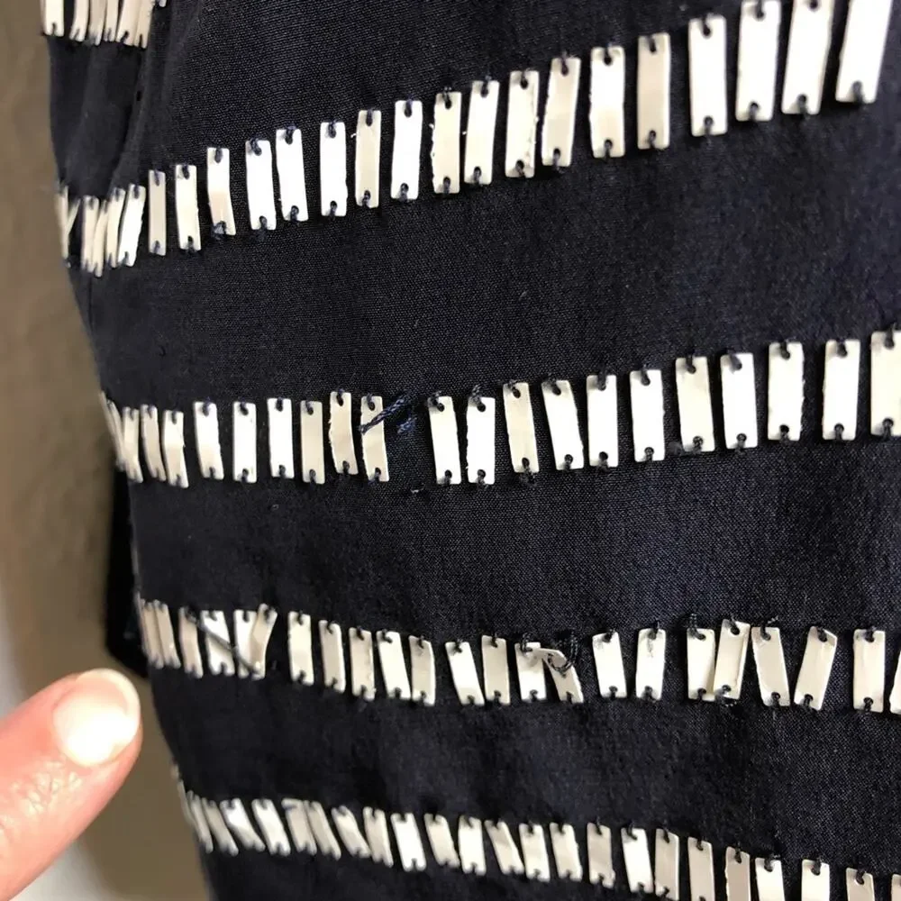 Tory Burch navy blue white rectangle sequin silk top size 4