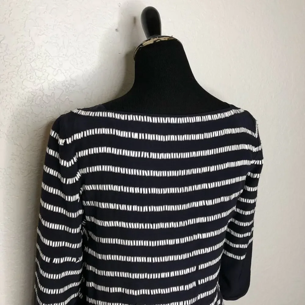 Tory Burch navy blue white rectangle sequin silk top size 4