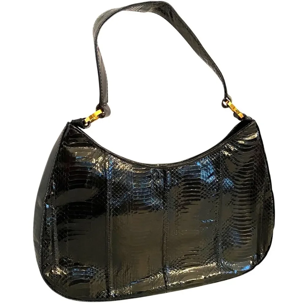Vintage J Renee black snakeskin top handle purse classic 1980's hobo shoulderbag